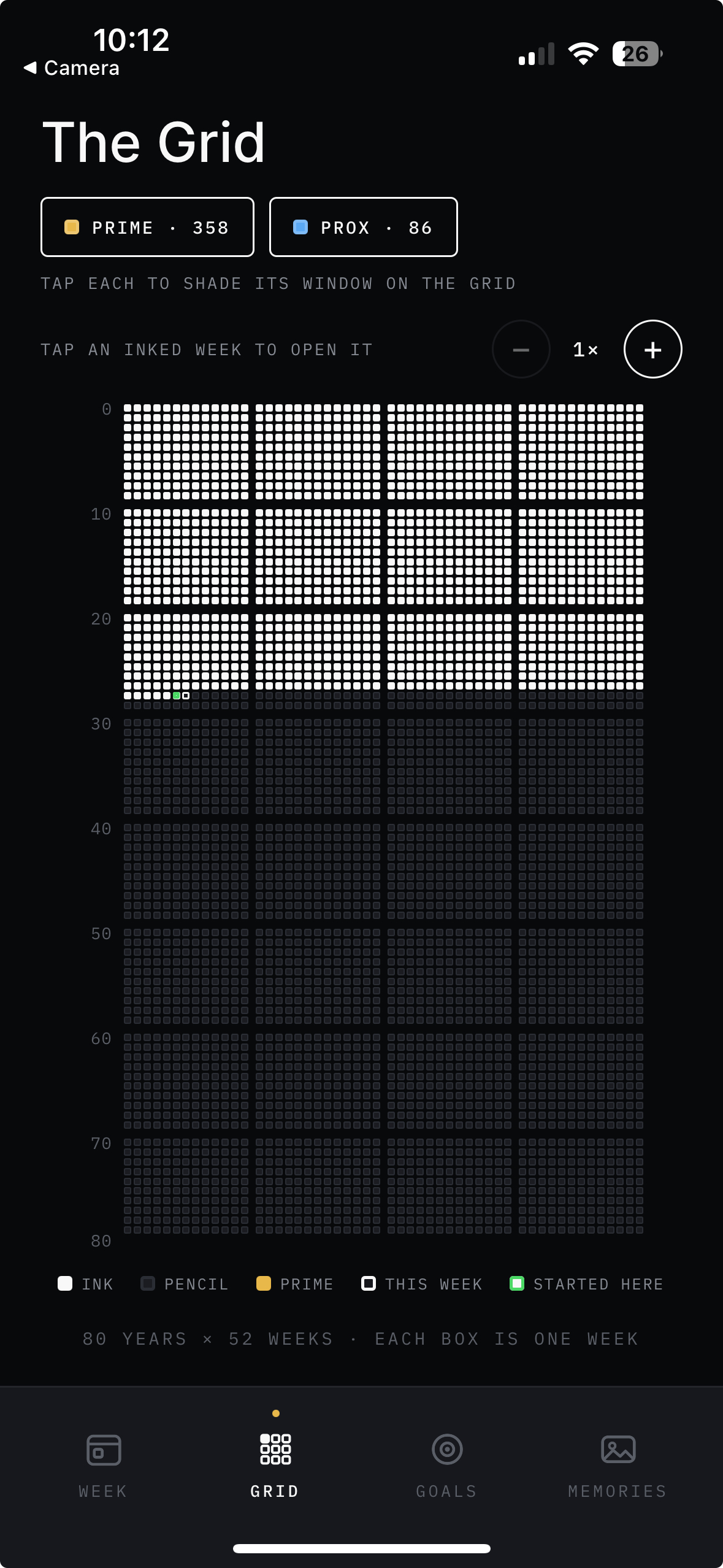 Ink — The Grid screen, a life in weeks