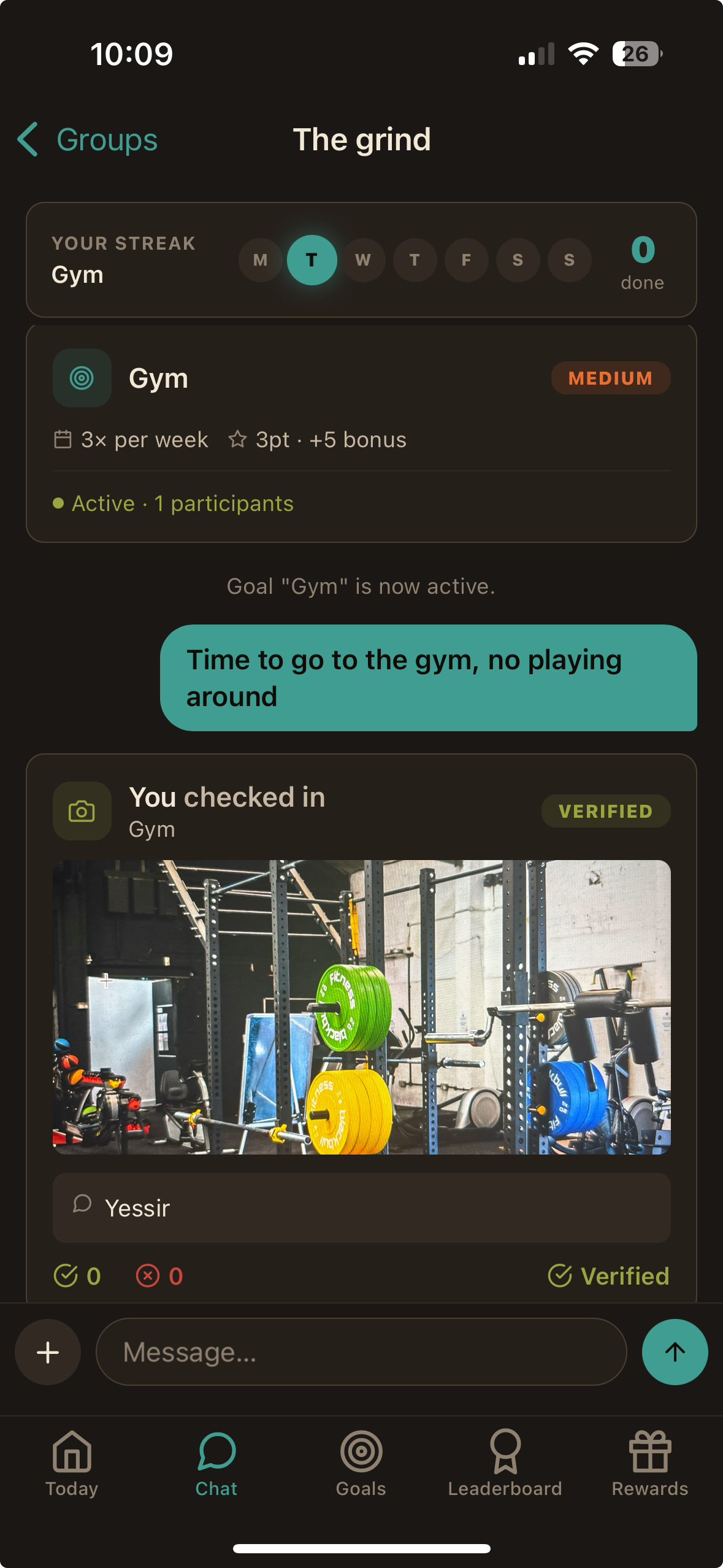 StakeUp — Chat / check-in screen