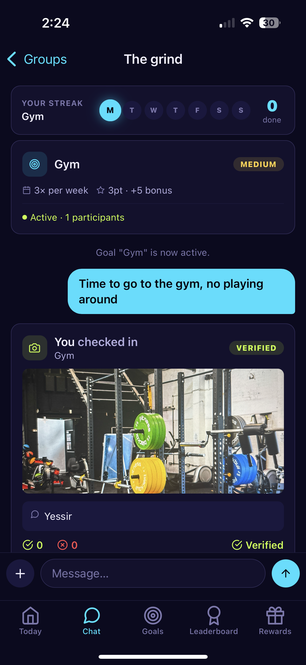 StakeUp — Chat / check-in screen